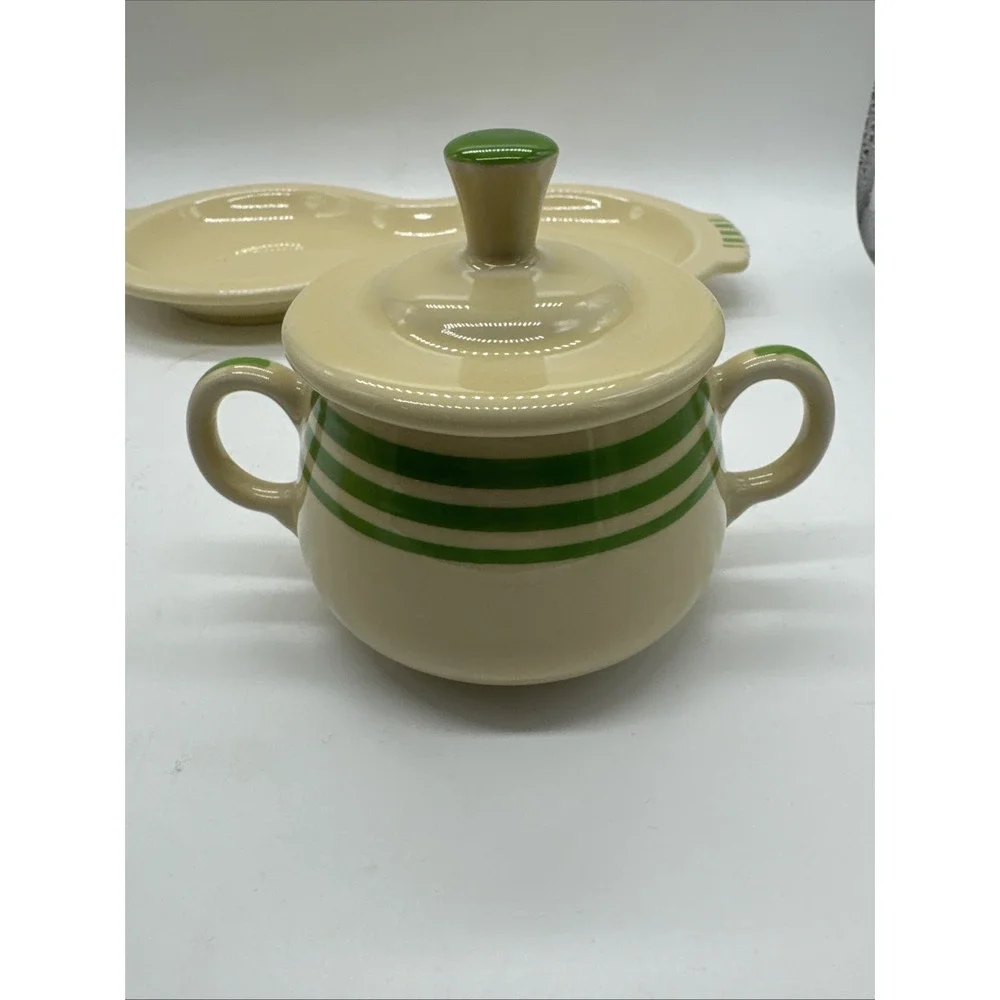 Fiesta Ware HLCCA  Covered Sugar Bowl & Creamer Figure 8 Tray Green Stripe